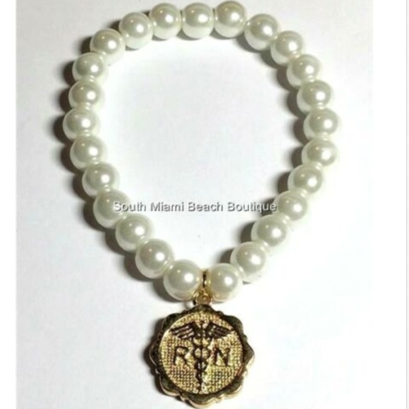 RN Nursing Caduceus Pearl Bead Charm Bracelet Gold Plated Nurse Graduation Gift - Picture 2 of 8